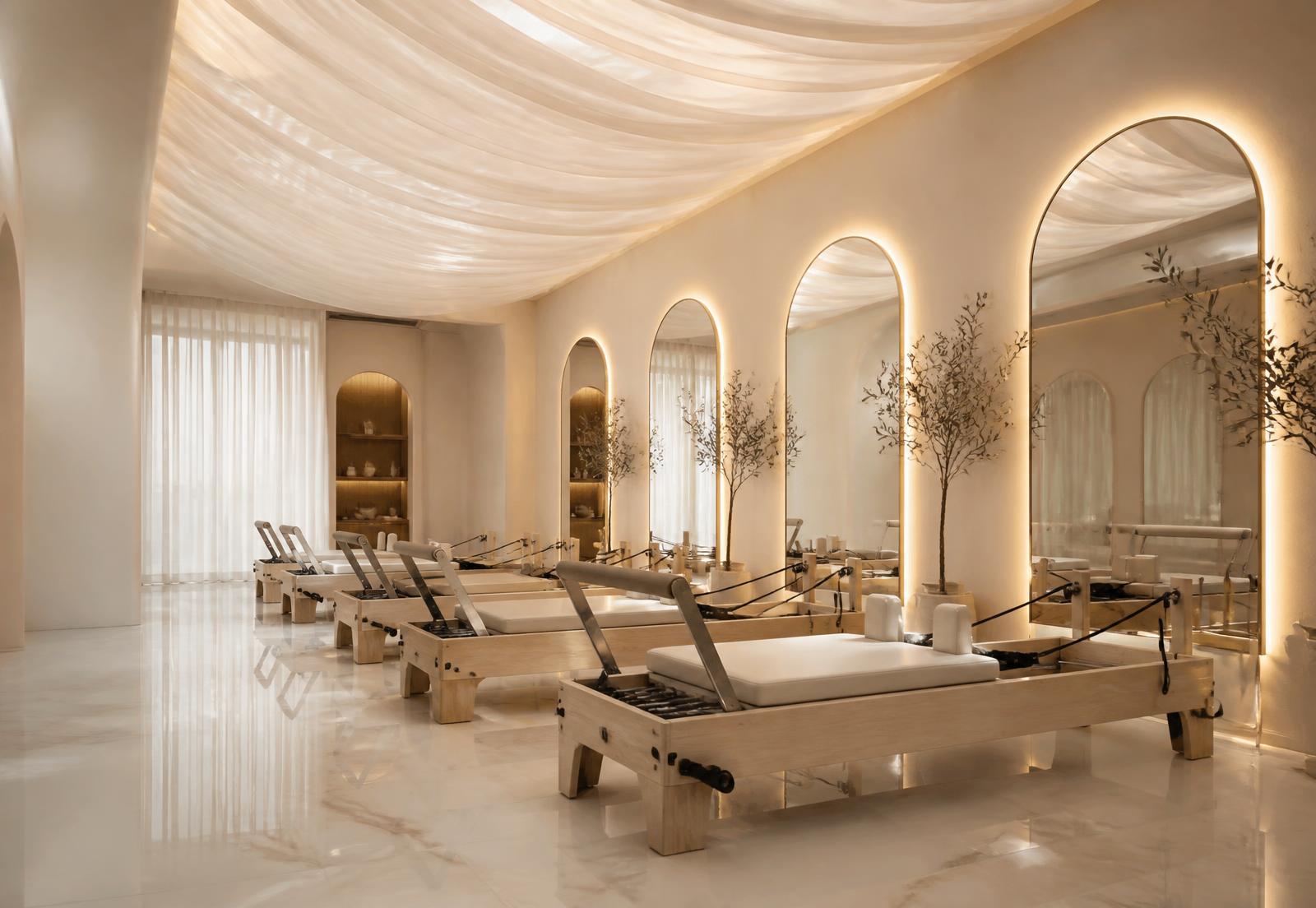Cream-toned reformer pilates studio with backlit arched mirrors